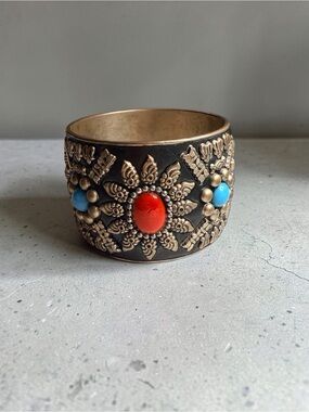 Embellished Red & Turquoise Stone Brass Cuff Bracelet